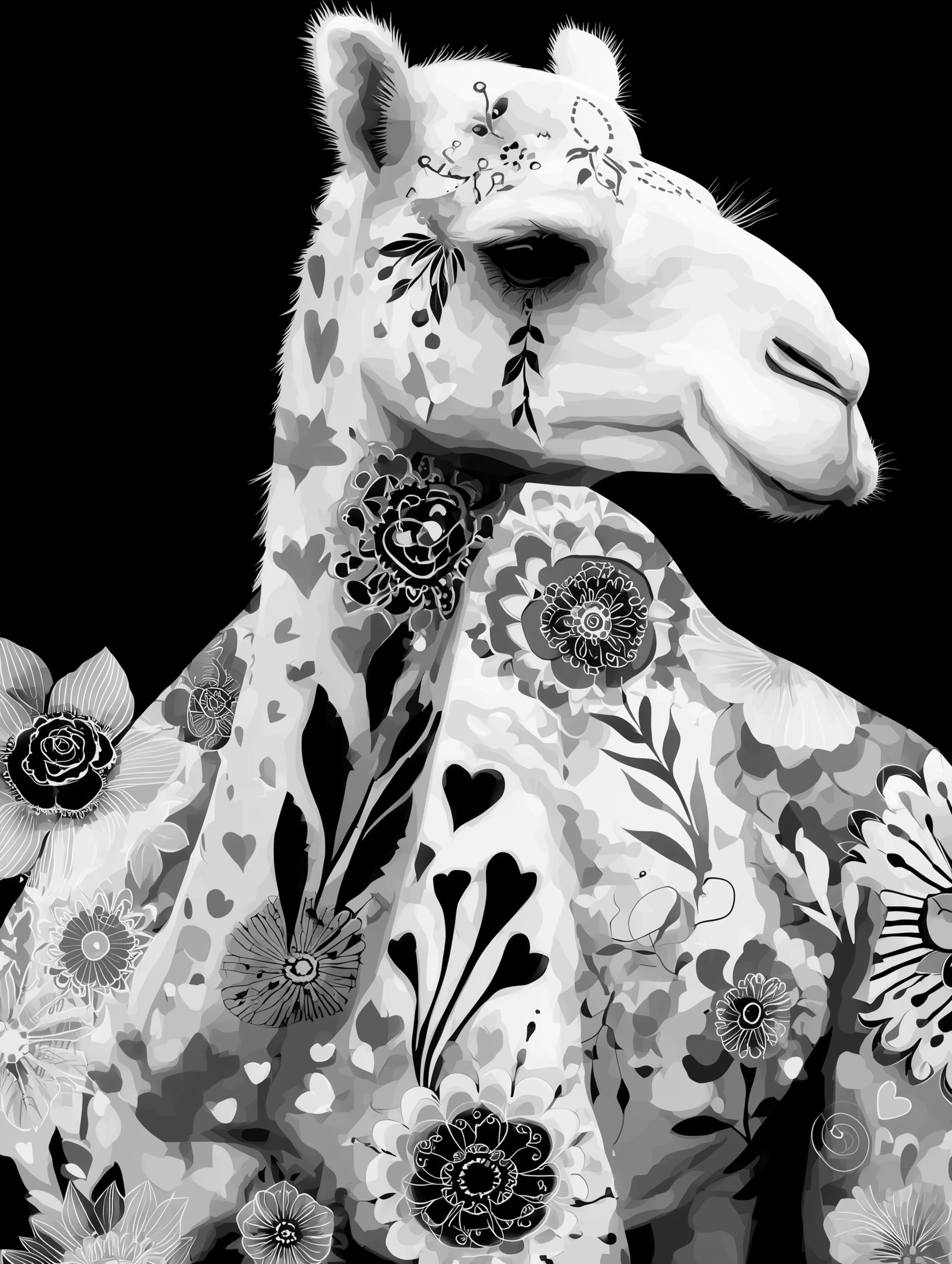 Free printable camel coloring page for adults featuring printed floral camel on black background